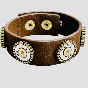 Dark Brown Leather Two Tone Rivets Wrap Bracelet